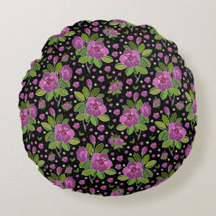 Blumenmuster Lila Rosa Grün Schwarz Rundes Kissen