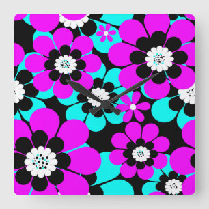 Blumenmuster Lila und türkisfarbene Blume Quadratische Wanduhr