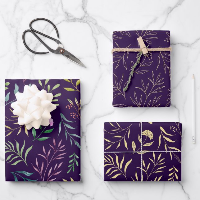 Blumenmuster-Linie Lila Geschenkpapier Set (Vorderseite)
