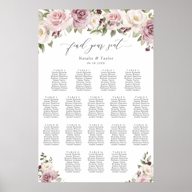 Blumenmuster Mauve Blush 17 Tabelle Hochzeitsdiagr Poster (Vorne)