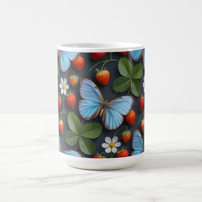 Blumenmuster mit blauen Morpho-Schmetterlingen Kaffeetasse (Mittel)