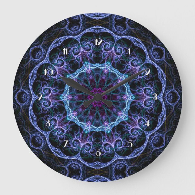 Blumenmuster mit blauen und rosa Fraktalen Wandkle Große Wanduhr (Vorderseite)
