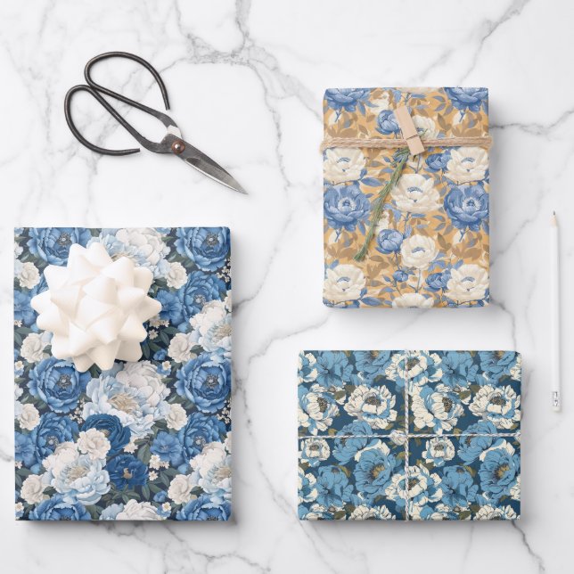 Blumenmuster mit blauen und weißen Blume Geschenkpapier Set (Vorderseite)