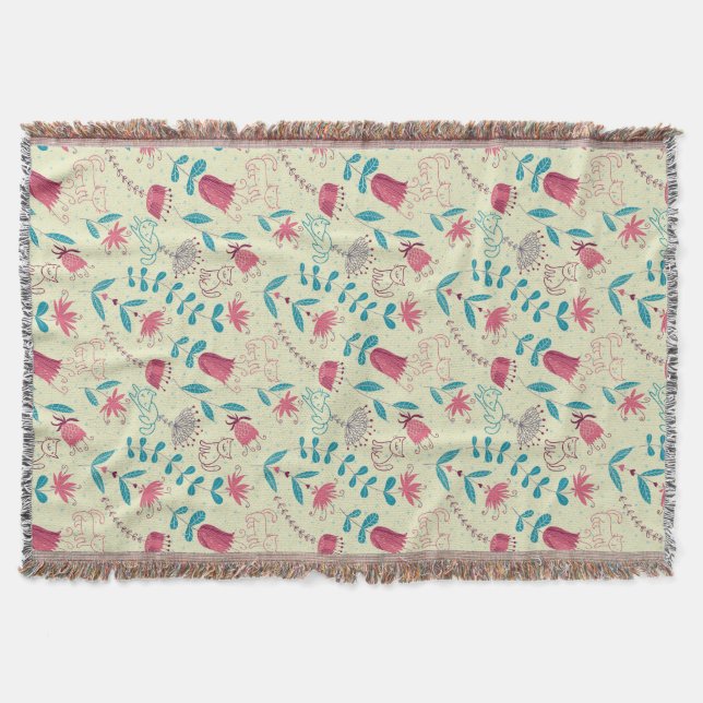 Blumenmuster mit Cartoon-Katzen Decke (Vorderseite)
