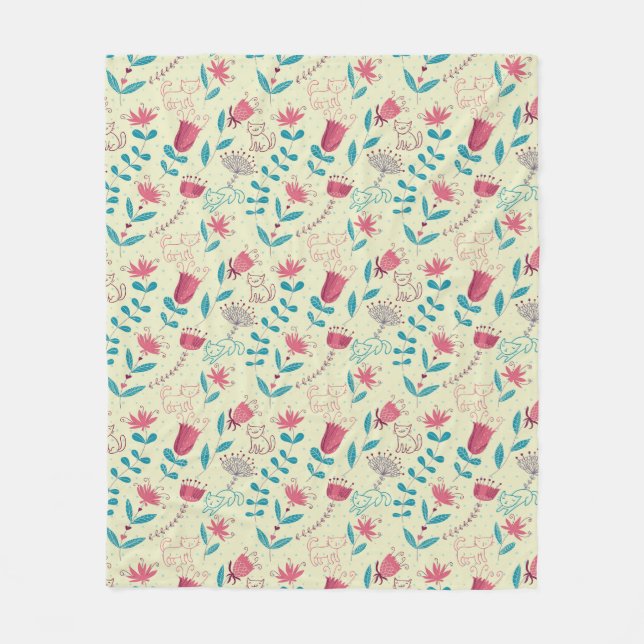 Blumenmuster mit Cartoon-Katzen Fleecedecke (Vorderseite)