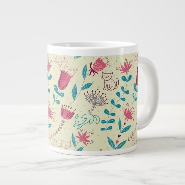 Blumenmuster mit Cartoon-Katzen Jumbo-Tasse (Vorderseite Rechts)