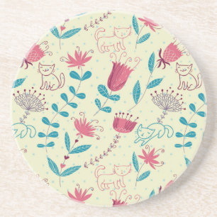 Blumenmuster mit Cartoon-Katzen Sandstein Untersetzer