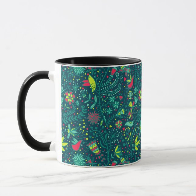 Blumenmuster mit Cartoon-Vögeln 2 Tasse (Links)