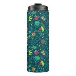 Blumenmuster mit Cartoon-Vögeln 2 Thermosbecher