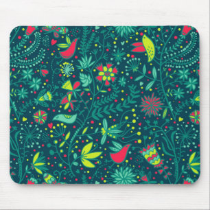 Blumenmuster mit Cartoon-Vögeln Mousepad