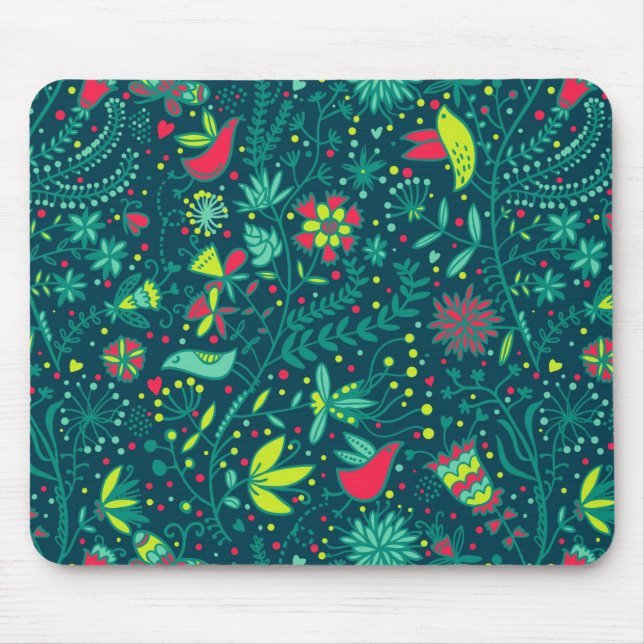 Blumenmuster mit Cartoon-Vögeln Mousepad (Vorne)