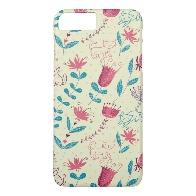 Blumenmuster mit Cartoonkatzen Case-Mate iPhone Hülle (Rückseite)