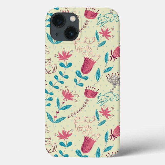 Blumenmuster mit Cartoonkatzen Case-Mate iPhone Hülle (Rückseite)