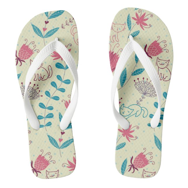Blumenmuster mit Cartoonkatzen Flip Flops (Fußbett)