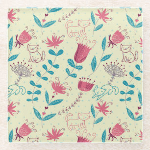 Blumenmuster mit Cartoonkatzen Glasuntersetzer