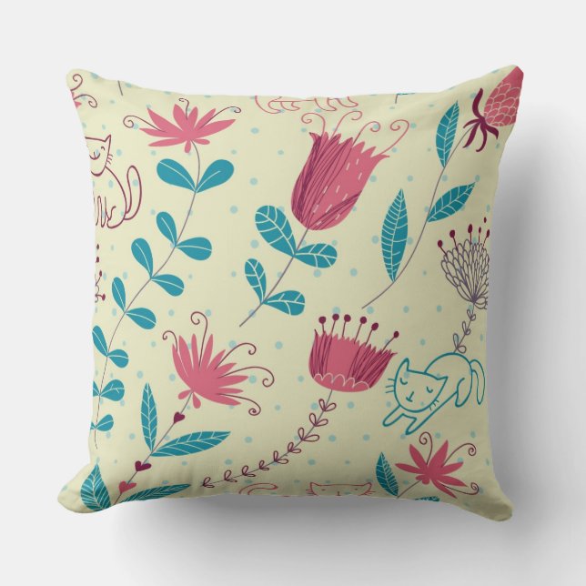 Blumenmuster mit Cartoonkatzen Kissen (Vorderseite)