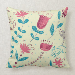 Blumenmuster mit Cartoonkatzen Kissen