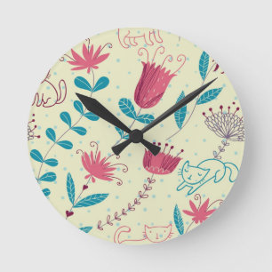 Blumenmuster mit Cartoonkatzen Runde Wanduhr