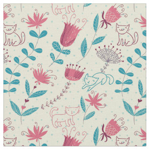 Blumenmuster mit Cartoonkatzen Stoff