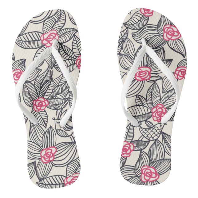 Blumenmuster mit Cartoonvögeln 2 Flip Flops (Fußbett)