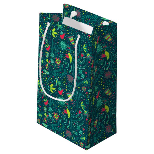Blumenmuster mit Cartoonvögeln 2 Kleine Geschenktüte (Rückseite Schrägansicht)