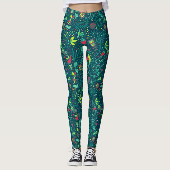 Blumenmuster mit Cartoonvögeln 2 Leggings (Vorderseite)