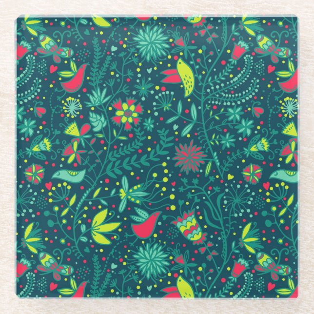 Blumenmuster mit Cartoonvögeln Glasuntersetzer (Vorderseite)