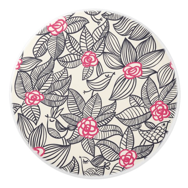 Blumenmuster mit Cartoonvögeln Keramikknauf (Vorderseite)