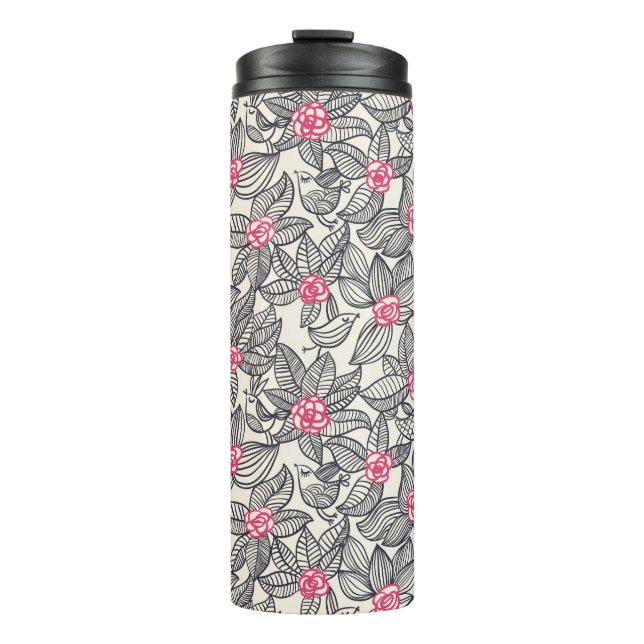 Blumenmuster mit Cartoonvögeln Thermosbecher (Vorderseite)