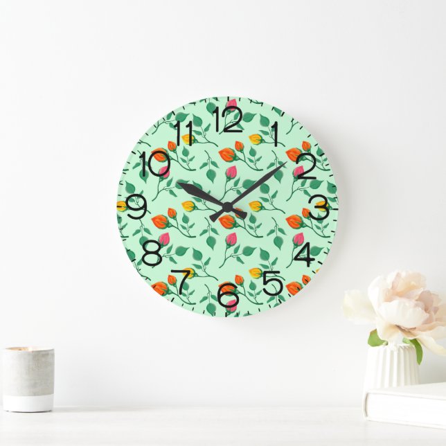 Blumenmuster mit farbigen Blume der Rose Große Wanduhr (Zuhause)