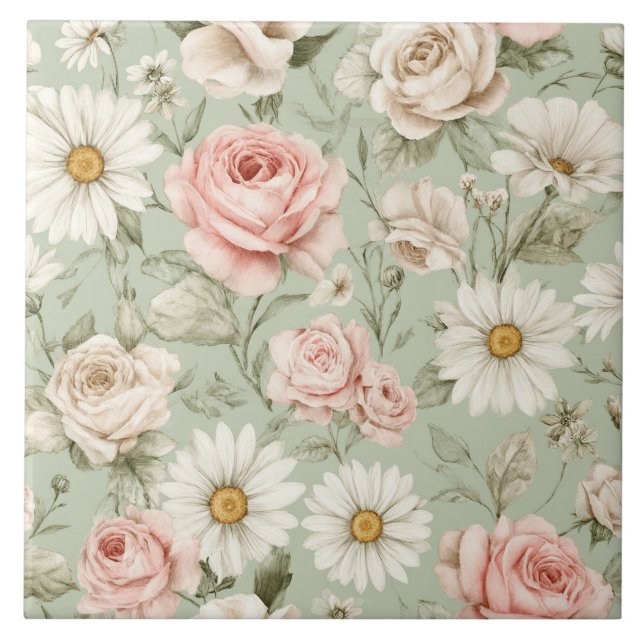 Blumenmuster mit Gänseblümchen Rosen Wasserfarben  Fliese (Vorderseite)