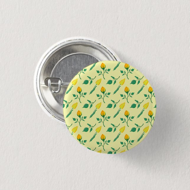Blumenmuster mit gelben Rosen-und Tulpenfarben-Blu Button (Vorne & Hinten)