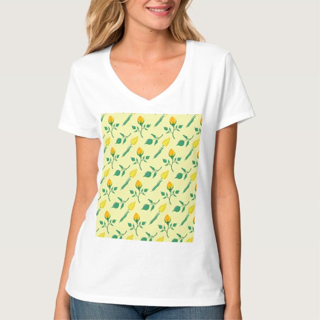Blumenmuster mit gelben Rosen-und Tulpenfarben-Blu T-Shirt (Vorderseite)