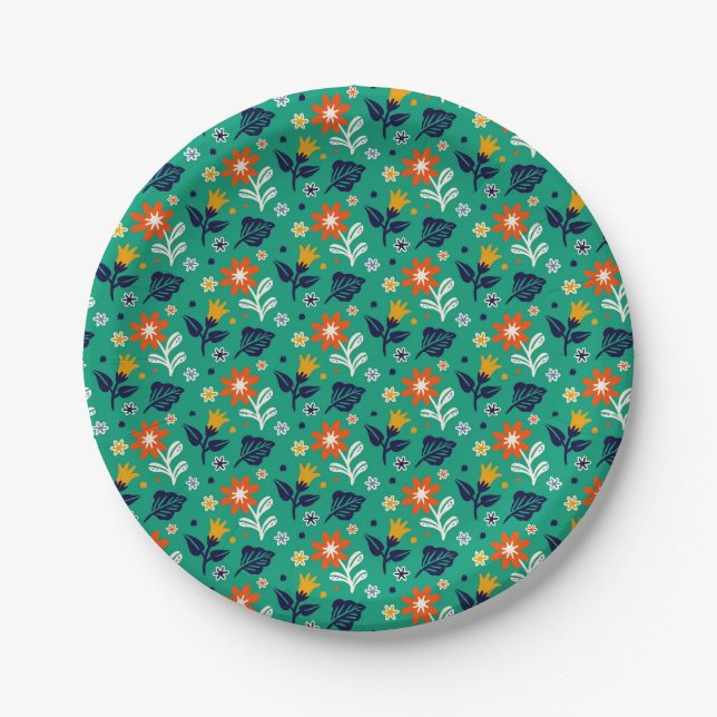 Blumenmuster mit grünem Hintergrund Pappteller (Vorderseite)
