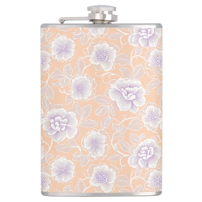 Blumenmuster mit Pfirsich- und Lavendelfarben Flachmann (Vorderseite)