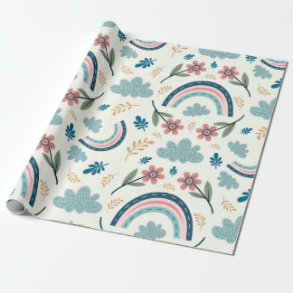 Blumenmuster mit Regenbogen- und Wolkenformen  Geschenkpapier