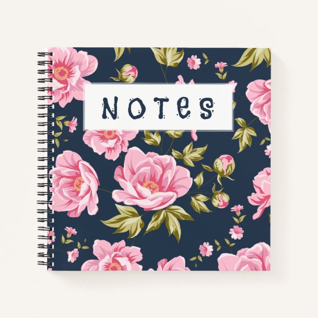 Blumenmuster mit rosa Blume und grünem Verlass Notizbuch (Vorderseite)