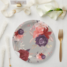 Blumenmuster mit rosa roten und violetten Rosen Pappteller