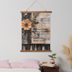 Blumenmuster mit rustikalen Klaviertasten und eine Wandteppich Mit Holzrahmen