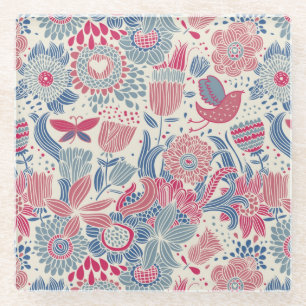 Blumenmuster mit Vogel und Schmetterling Glasuntersetzer