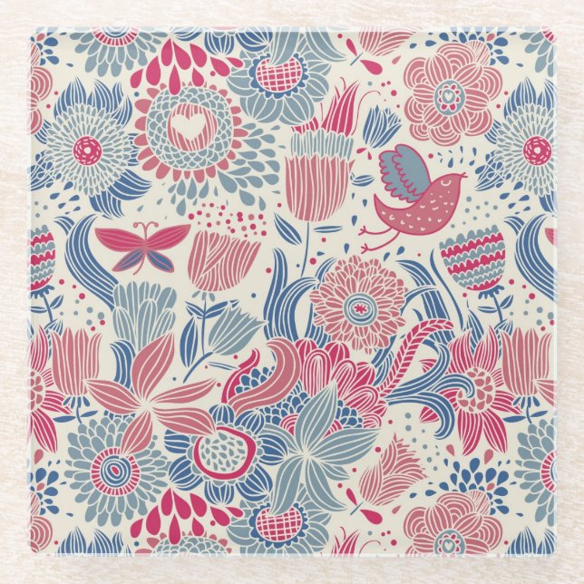 Blumenmuster mit Vogel und Schmetterling Glasuntersetzer (Vorderseite)