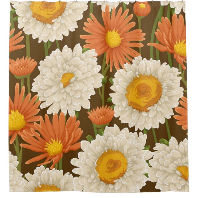 Blumenmuster mit weißer und orangefarbener Blume  Duschvorhang (Vorderseite)