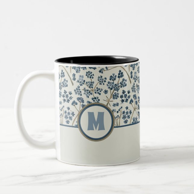 Blumenmuster Monogram Blue Watercolor Caraway Zweifarbige Tasse (Links)