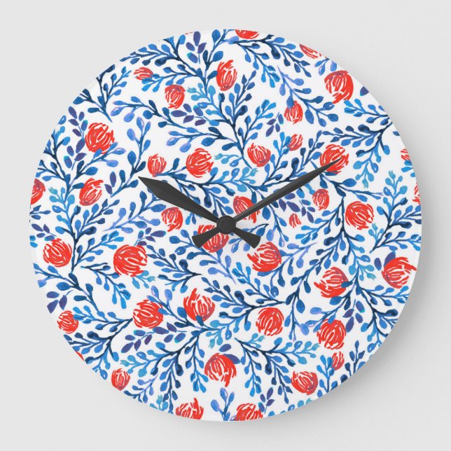 Blumenmuster: Nahtlose Blätter Große Wanduhr (Vorderseite)