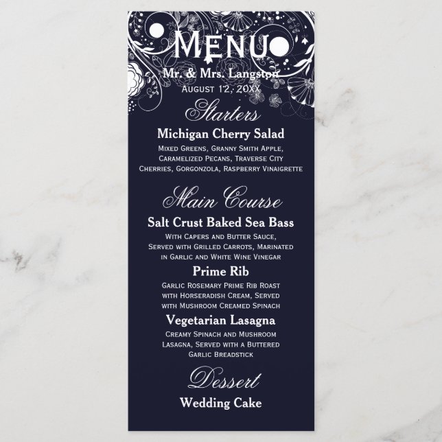 Blumenmuster Navy/White - Empfang Menu Menükarte (Vorderseite)
