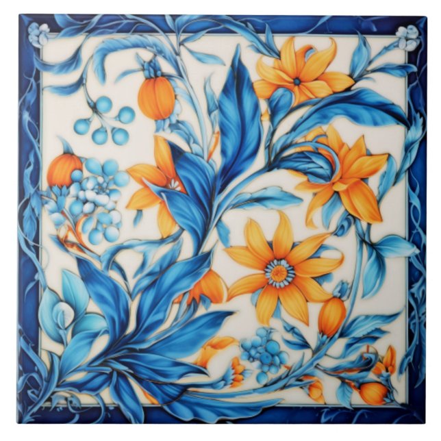 Blumenmuster - orange und blau fliese (Vorderseite)