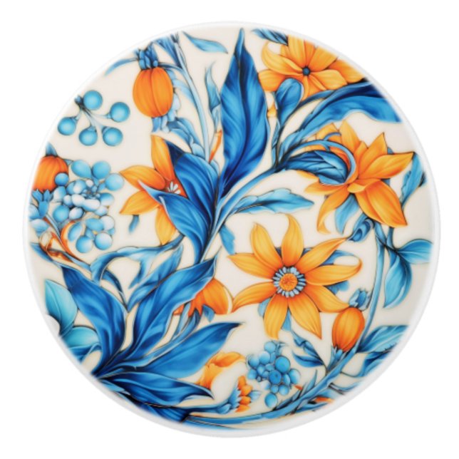 Blumenmuster - Orange und Blau Keramikknauf (Vorderseite)