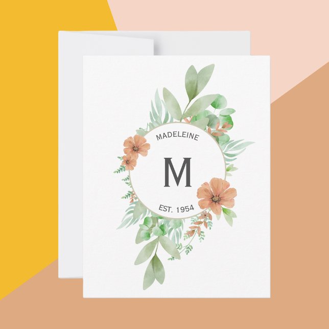 "Blumenmuster" - Personalisierte Grußkarte Feiertagskarte (Personalised greeting card with floral design and peach coloured flowers. )