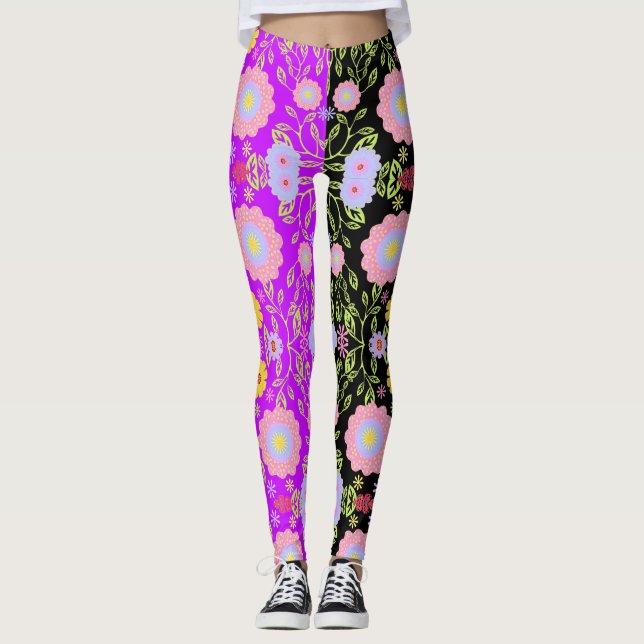 Blumenmuster Pop Art Malerei Bi-Color Nahtloses Mu Leggings (Vorderseite)