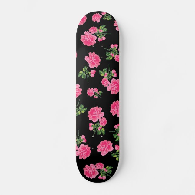 Blumenmuster: rosa Blumen auf Schwarzem Skateboard (Vorderseite)
